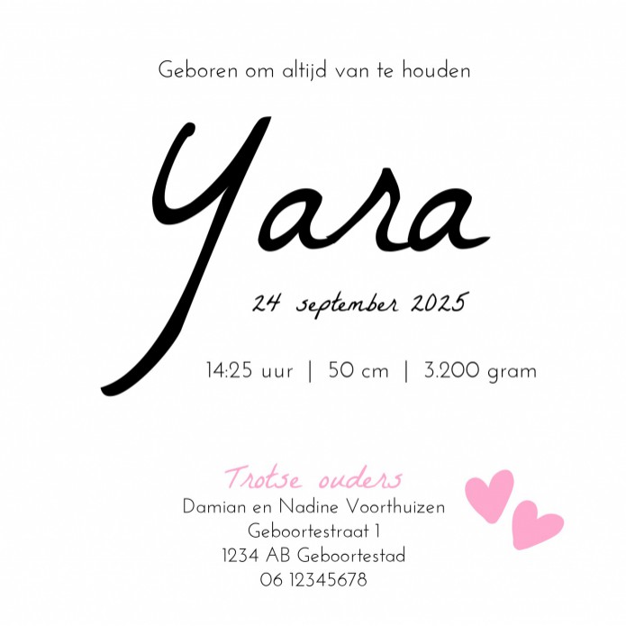 Geboortekaartje watercolour roze hartje Yara
