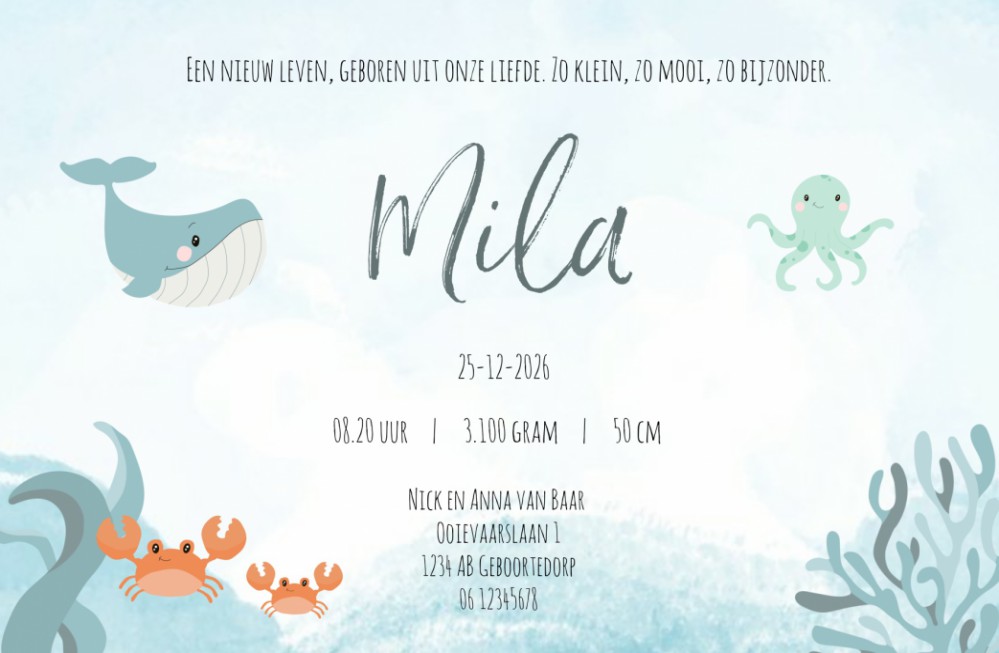 Geboortekaartje dieren in de zee Mila