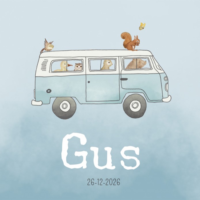 Geboortekaartje jongen busje met dieren aquarel Gus voor