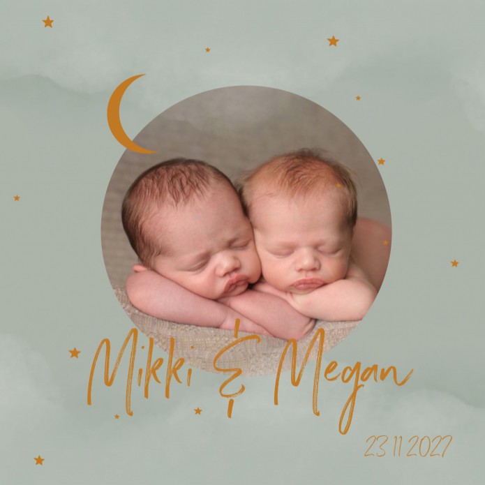 Geboortekaartje tweeling groen met foto Mikki en Megan voor