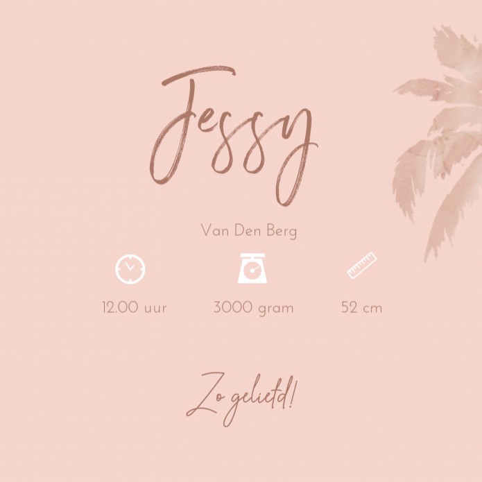 Geboortekaartje roze palmbomen Jessy - rosegoudfolie optioneel