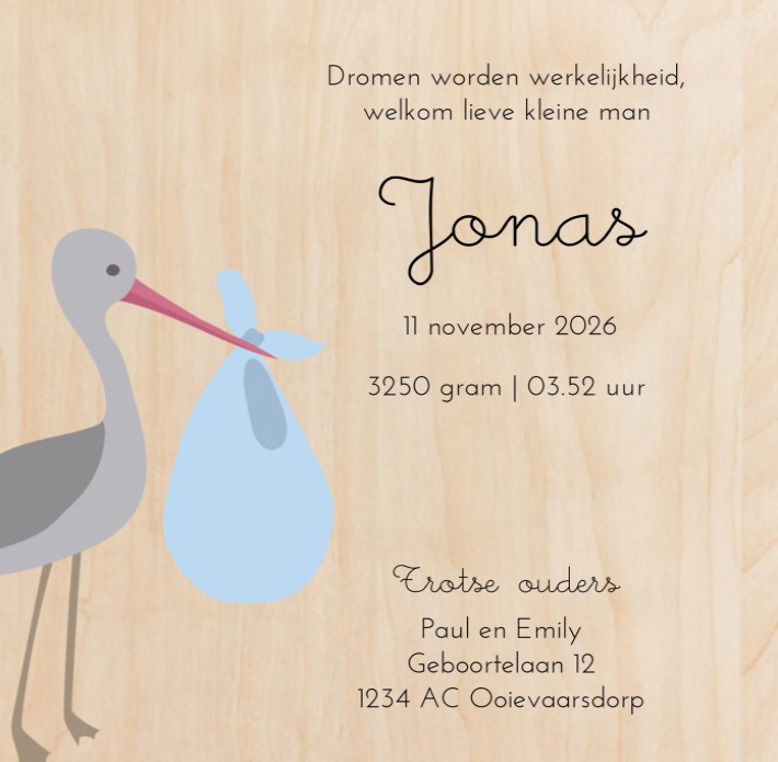 Geboortekaartje ooievaar blauw Jonas - op echt hout
