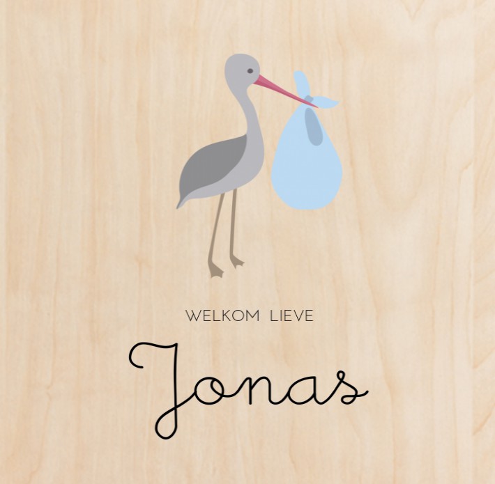 Geboortekaartje ooievaar blauw Jonas - op echt hout voor