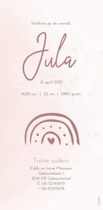 Geboortekaartje Prénatal roze aquarel rainbow Jula