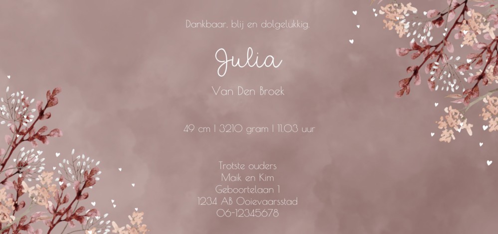 Geboortekaartje meisje floral met roze aquarel Julia