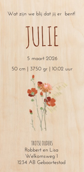 Geboortekaartje droogbloemen Julie - op echt hout achter