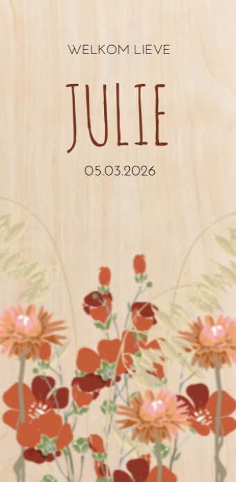 Geboortekaartje droogbloemen Julie - op echt hout voor