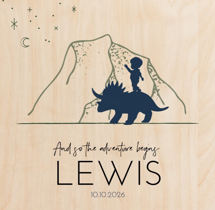 Geboortekaartje dinosaurus Lewis - op echt hout voor