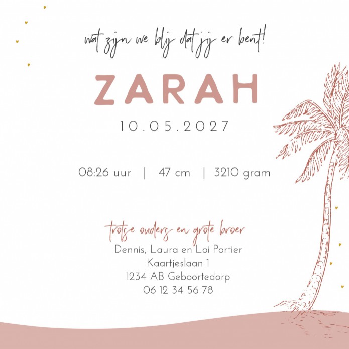 Lief geboortekaartje meisje lijntekening Zarah binnen