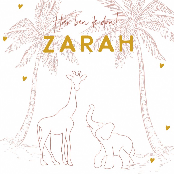 Lief geboortekaartje meisje lijntekening Zarah voor