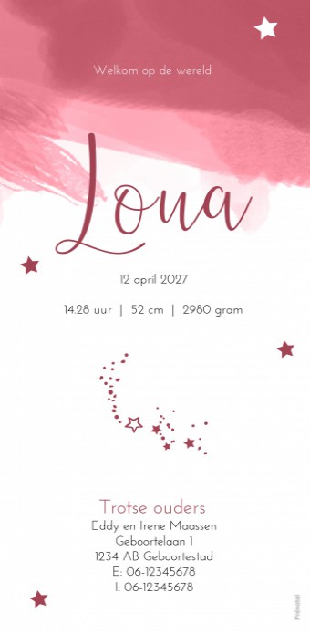 Geboortekaartje Prénatal roze aquarel met sterren Loua achter