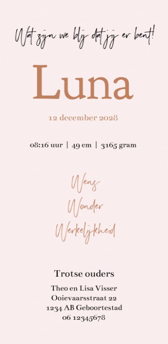 Geboortekaartje meisje roze met foto Luna