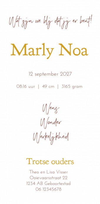 Geboortekaartje met foto en letter in goudfolie Marly