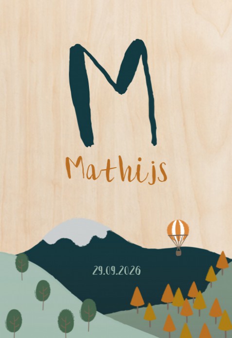 Geboortekaartje landschap bergen Mathijs - op echt hout