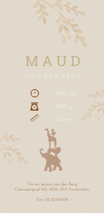 Geboortekaartje meisje silhouette dieren in koperlook Maud