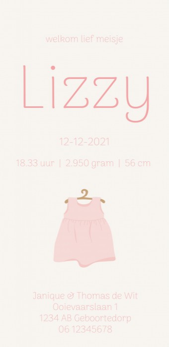 Geboortekaartje roze jurk Lizzy achter