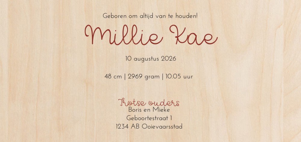 Geboortekaartje meisje minimalistisch hout Millie Kae