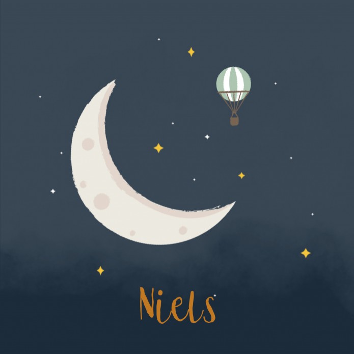 Geboortekaartje maan met luchtballon Niels voor