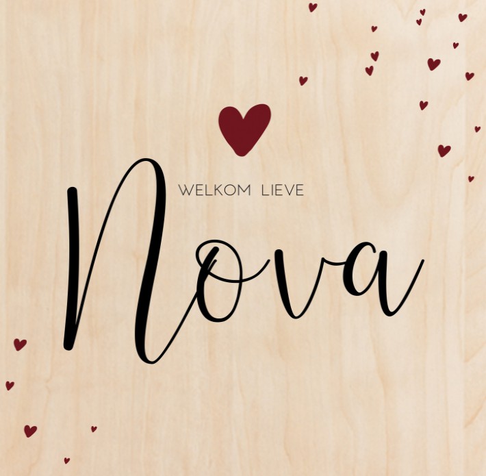 Geboortekaartje minimalistisch rode hartjes Nova - op echt hout