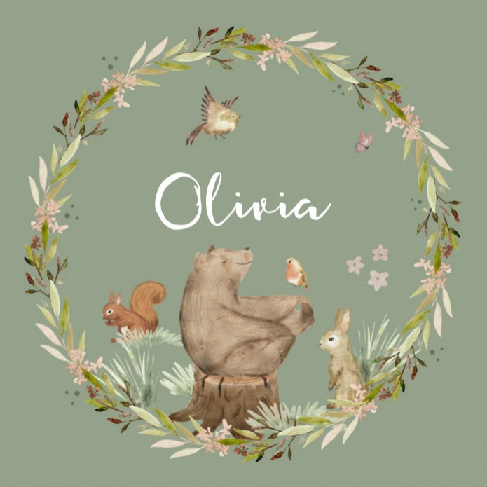 Geboortekaartje beer in bos groen Olivia voor