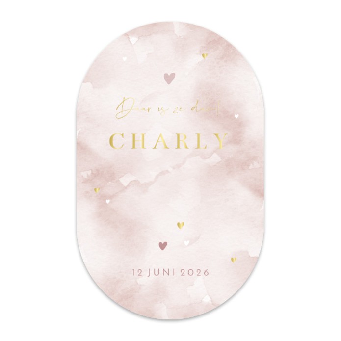 ovaal charly geboortekaartje meisje roze watercolour watercolor hartjes goudfolie foliedruk originele vorm 01