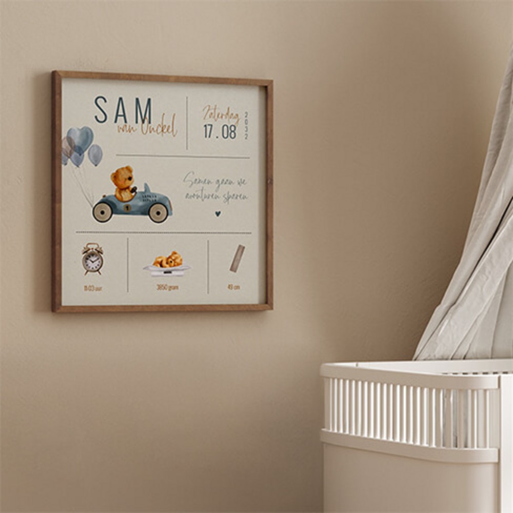 Poster auto teddybeer geboortegegevens Sam