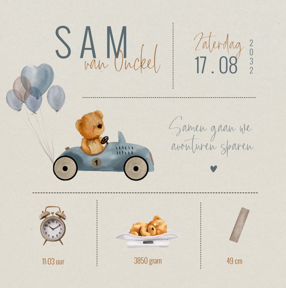 Poster auto teddybeer geboortegegevens Sam