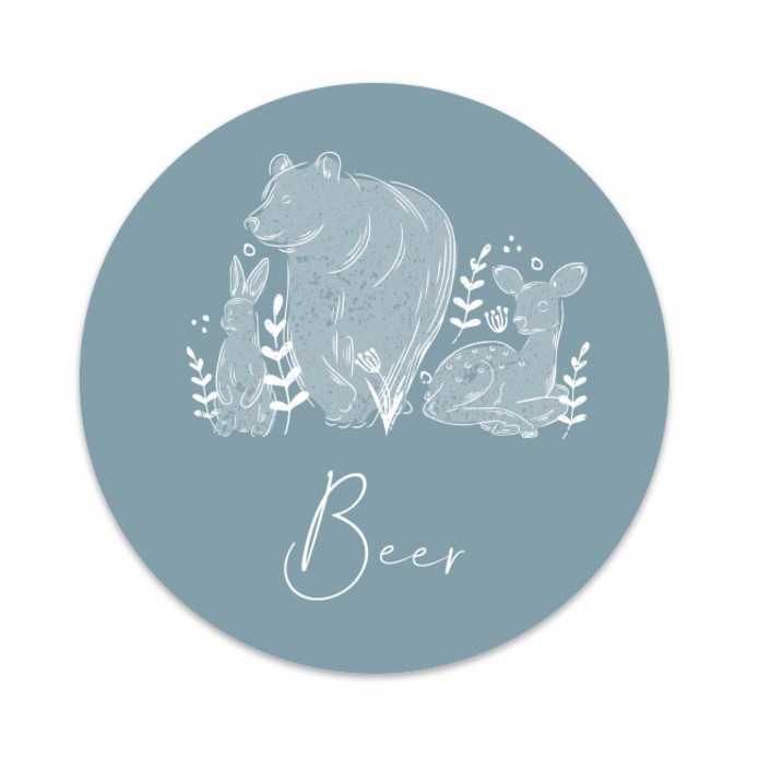 rond-geboortekaartje-beer-hert-konijn-bosdieren-blauw-wit-jongen