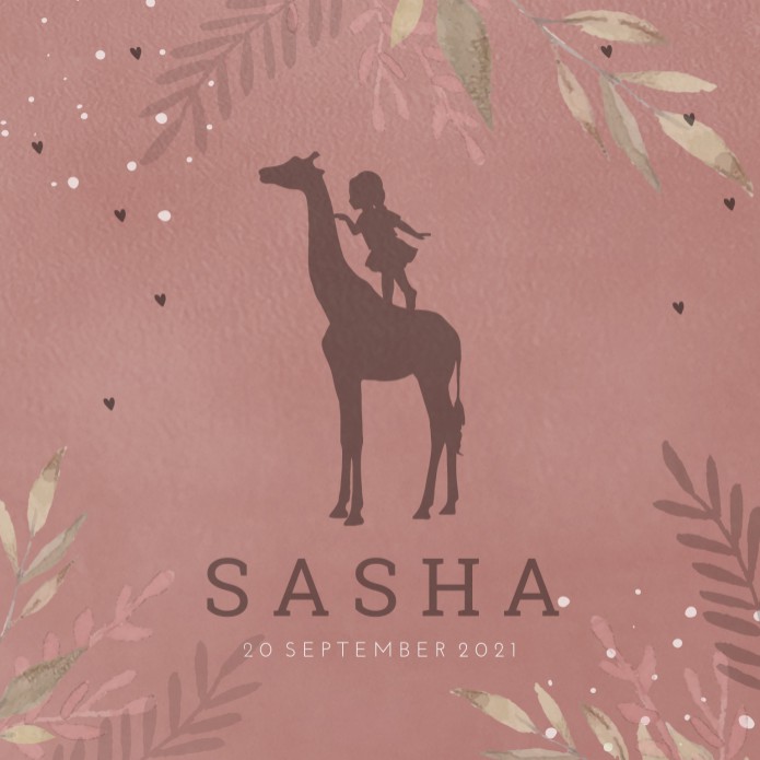 Geboortekaartje meisje roze silhouette giraffe Sasha voor
