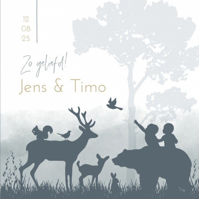 Geboortekaartje silhouette bosdieren tweeling Jens en Timo