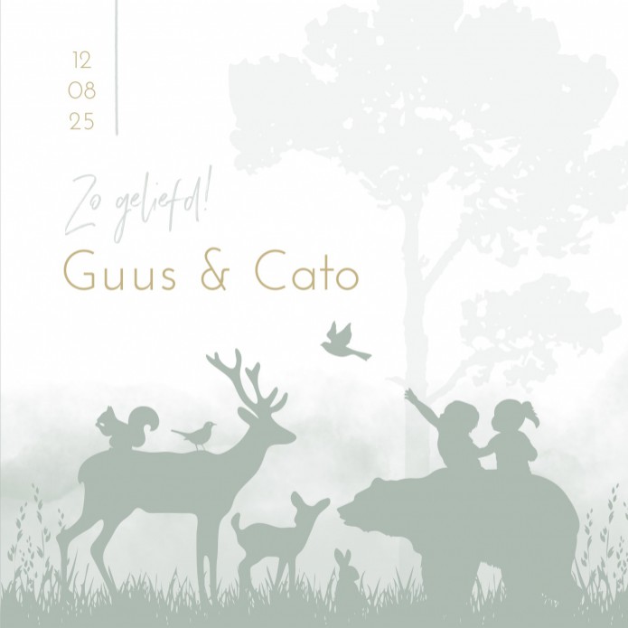 Geboortekaartje silhouette bosdieren tweeling Guus en Cato