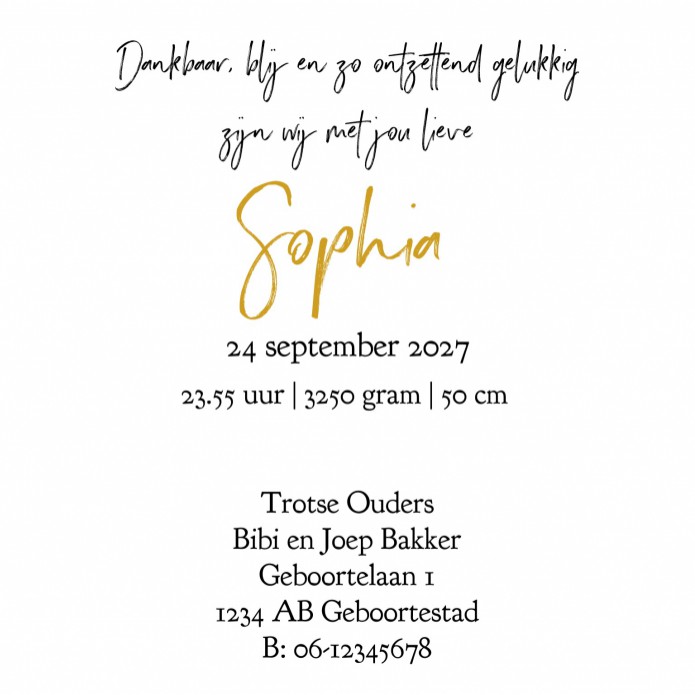 Geboortekaartje foto met goudfolie hartjes en naam Sophia binnen