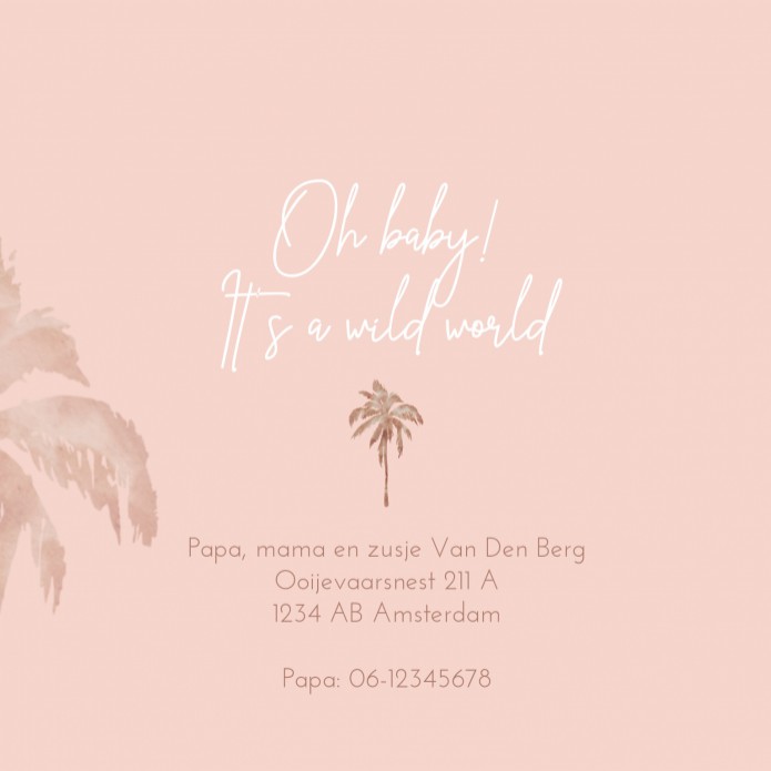 Geboortekaartje roze palmboom Sophie - rosegoudfolie optioneel binnen