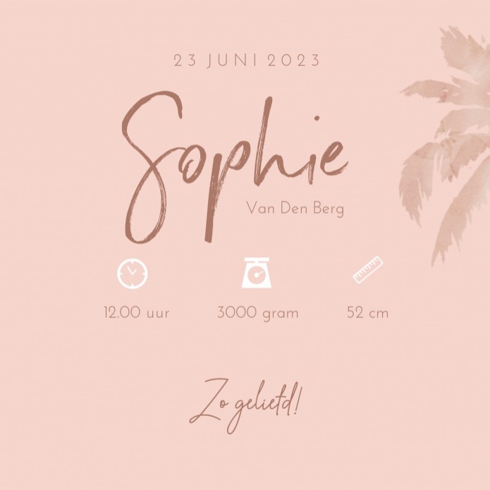 Geboortekaartje roze palmboom Sophie - rosegoudfolie optioneel