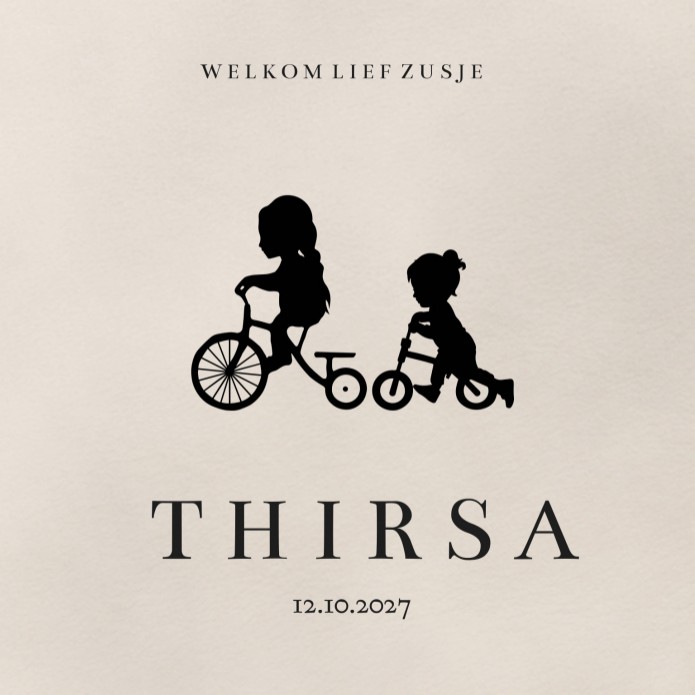 Geboortekaartje meisje zusje silhouet fiets Thirsa - zwartfolie optioneel voor