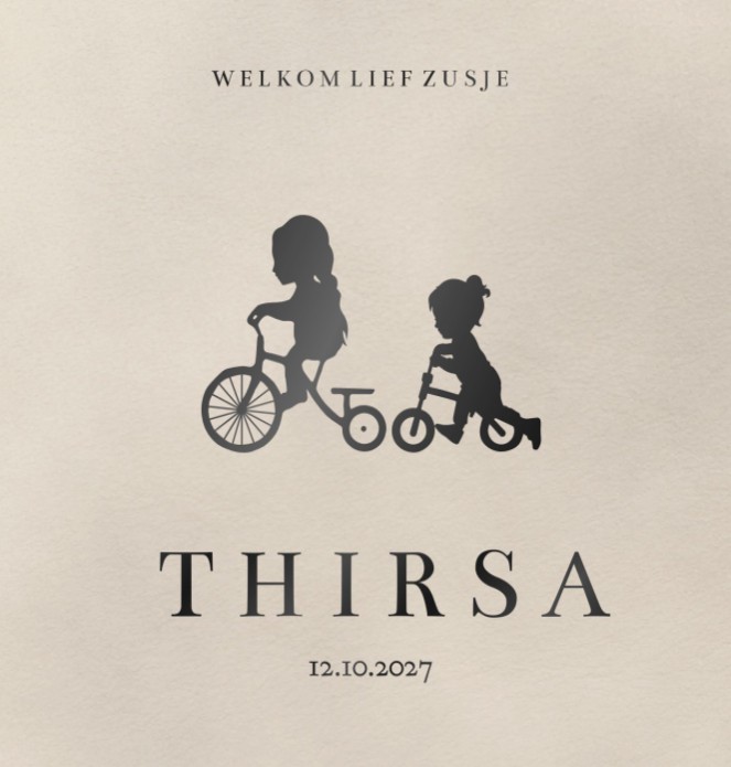Geboortekaartje meisje zusje silhouet fiets Thirsa - zwartfolie optioneel
