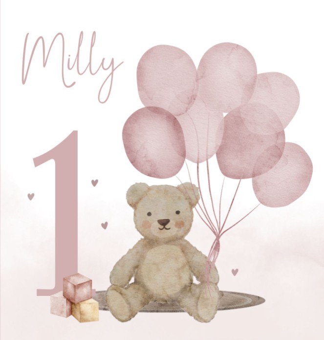 Uitnodigingskaart teddybeer roze Milly