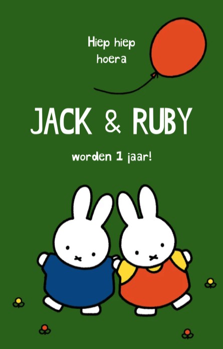 Uitnodigingskaart nijntje tweeling ballon Jack en Ruby
