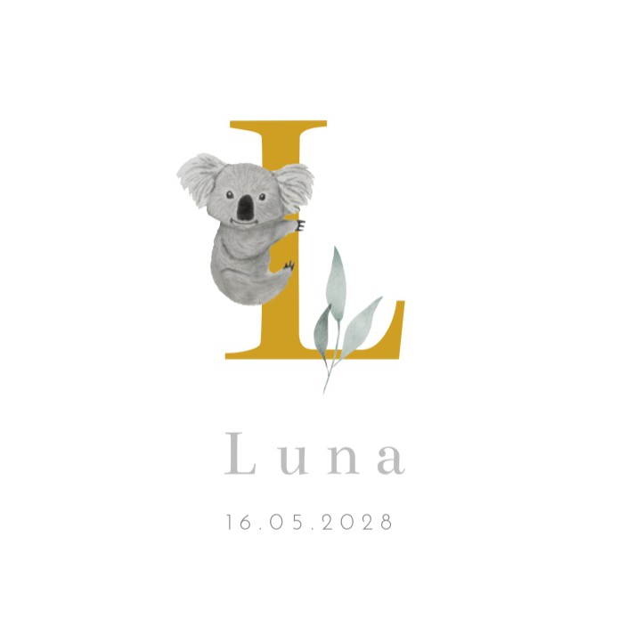Geboortekaartje meisje koala initiaal Luna