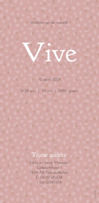 Geboortekaartje Prénatal roze met stipjes dessin Vive achter