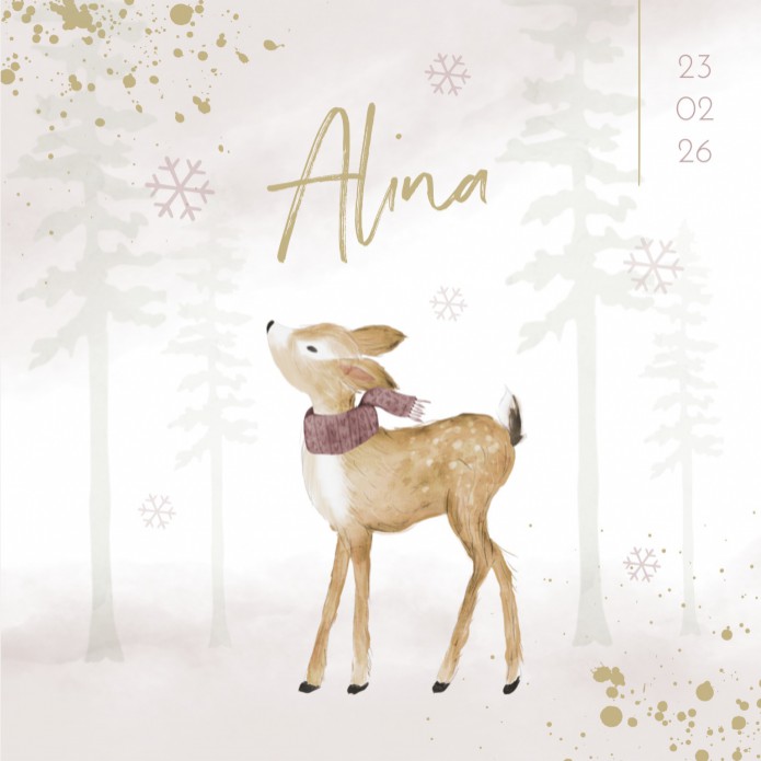 Geboortekaartje meisje bos hert winter Alina voor