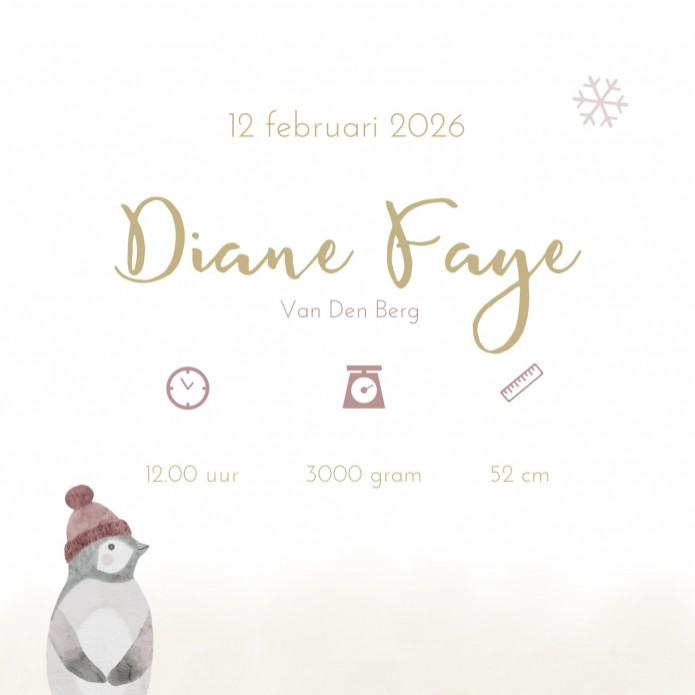 Geboortekaartje neutraal winter krans met pinguïn Diane