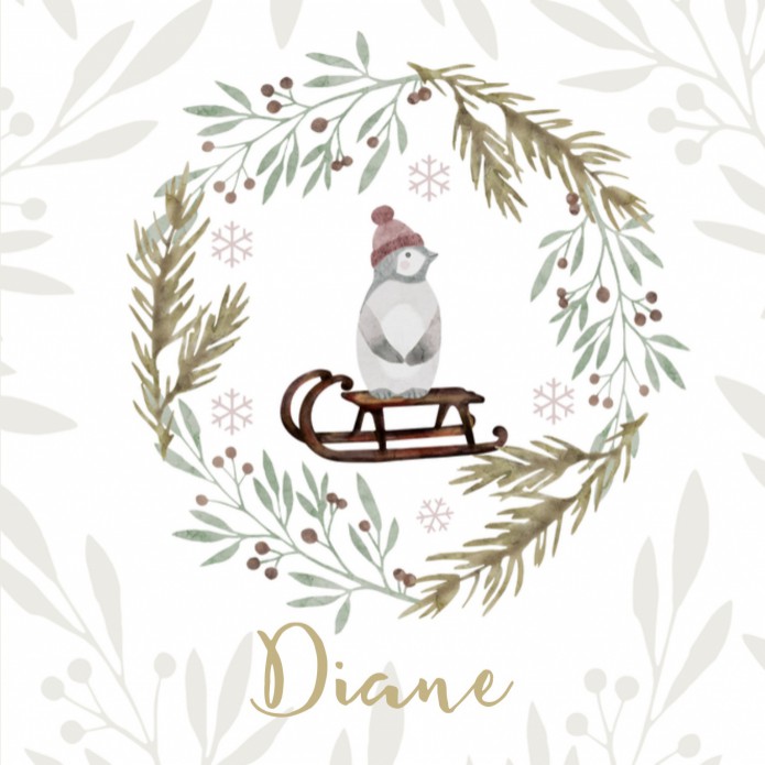 Geboortekaartje neutraal winter krans met pinguïn Diane voor