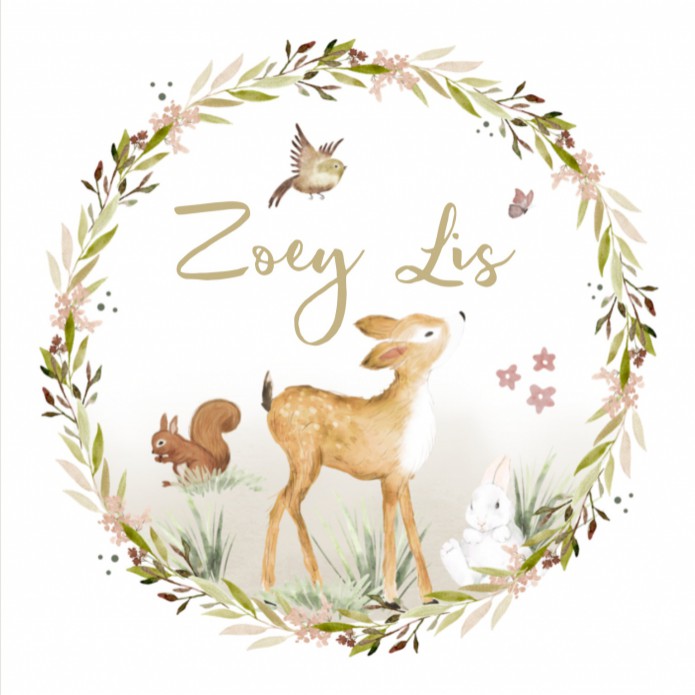 Geboortekaartje meisje bos dieren hert aquarel Zoey Lis voor