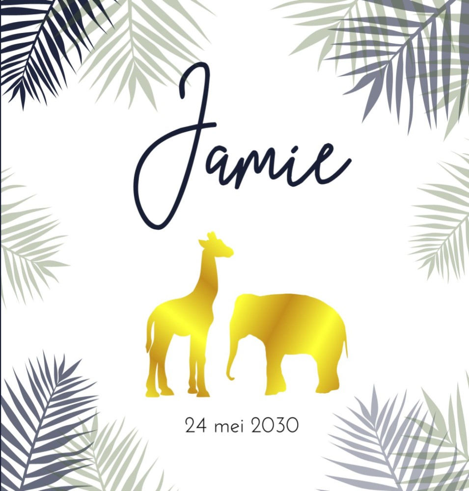 Geboortekaartje olifant giraffe silhouette goudfolie Jamie