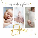 Geboortekaartje foto met goudfolie hartjes en naam Eden voor