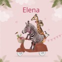 Geboortekaartje Giraf en Zebra op scooter Elena voor