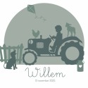 Geboortekaartje silhouette met tractor groen grijs Willem voor
