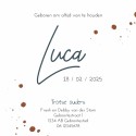 Geboortekaartje blauwe kiezels en bruine verfspatten Luca binnen