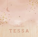 Geboortekaartje meisje warm roze aquarel met maan Tessa - op echt hout voor
